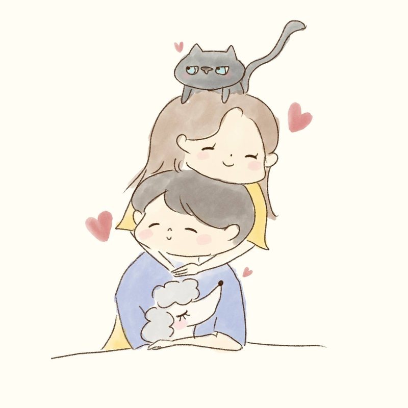 猫と犬といっしょに寄り添うふたりのイラスト
